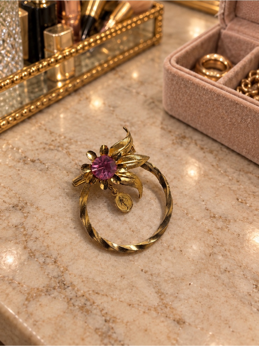 Vintage Wreath Brooch with Pink Crystal Flower & Miraculous Medal Charm
